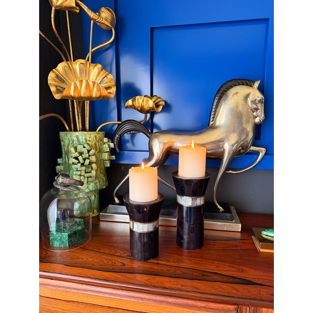 1980s 1980s Pair of Tessellated Horn and Brass Candle Holders For Sale - Image 5 of 12