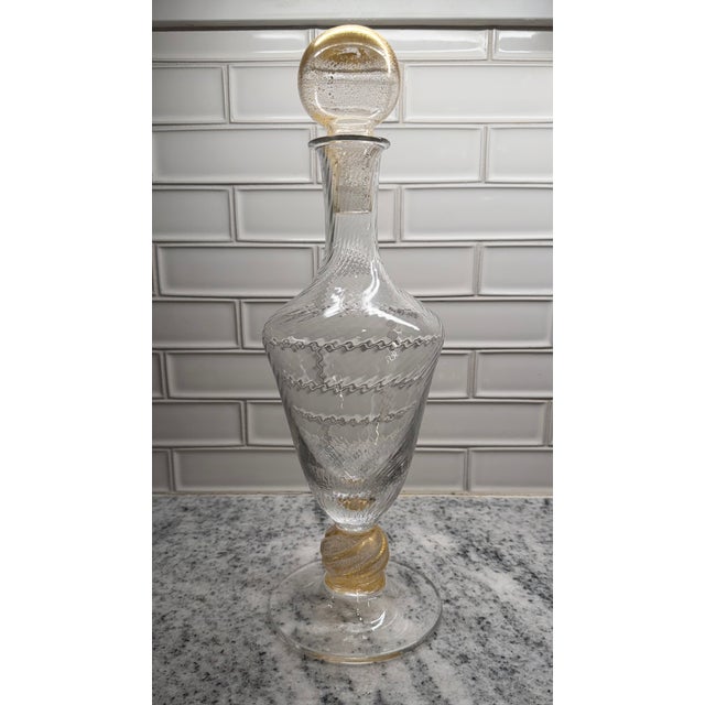Italian Vintage Italian Hand-Blown Art Glass Decanter With Gold Accents, Murano Style For Sale - Image 3 of 9