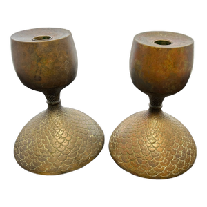 Vintage Early 20th Century Bronze / Brass Convertible Candlesticks W/ Fish Scale