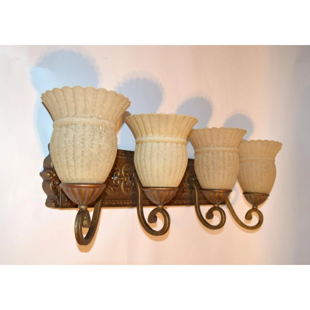 Four Light Bronze & Frosted Glass Light Fixture For Sale - Image 11 of 12