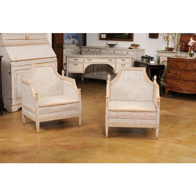 Neoclassical Style 1850s Gray Painted and Carved Armchairs with Guilloches, Pair For Sale In Atlanta - Image 6 of 12