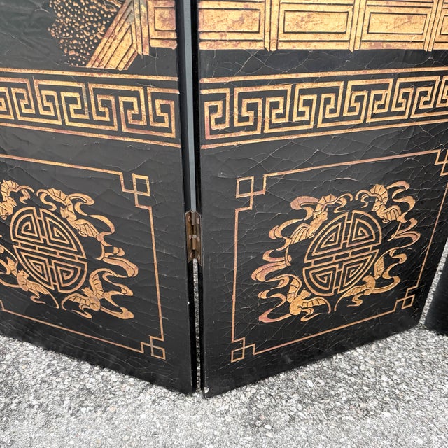 Black Vintage Chinese Hand Carved and Painted Crackled Room Divider/Screen For Sale - Image 8 of 12