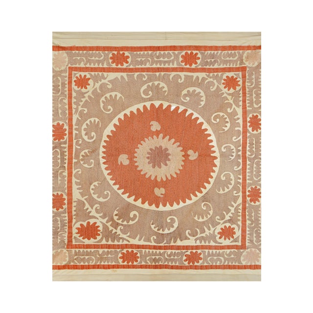Textile Suzani Tablecover – Terracotta & Beige Boho Textile For Sale - Image 7 of 10