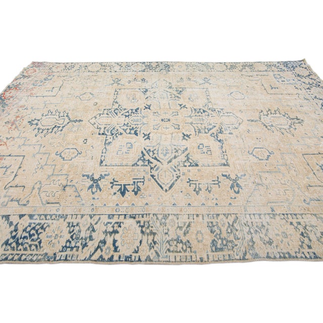 1920s Beige Antique Persian Heriz Shabby Chic Handmade Wool Rug For Sale - Image 5 of 11
