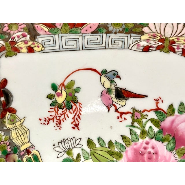 Large Old Rose Mandarin / Medallion Chinese Porcelain Export Punch Bowl, Wood Stand & Auspicious Objects & Gilt Work, Signed, 14" For Sale - Image 13 of 15