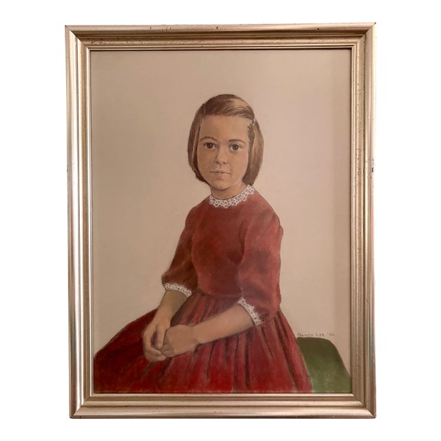 1962 Portrait, Girl in Red Velvet, Pastel on Paper, by Nancy Lee For Sale