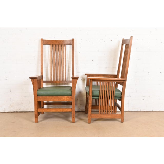 Late 20th Century Stickley Mission Oak Arts & Crafts Spindle High Back Arm Chairs, Pair For Sale - Image 5 of 12