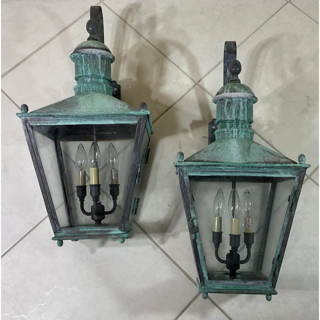Large Pair of Handcrafted Wall-Mounted Solid Copper Lantern For Sale - Image 10 of 12
