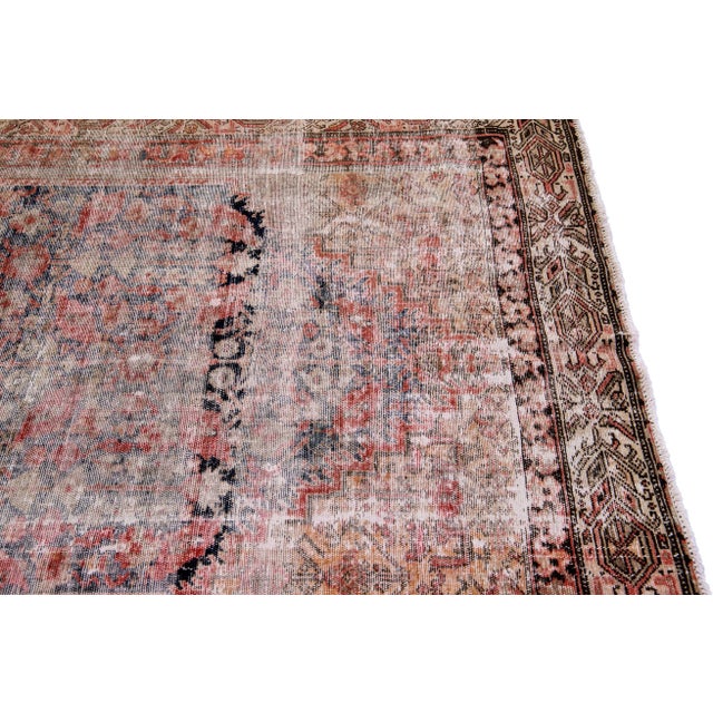 Vintage Distressed Handmade Floral Red Wool Rug For Sale - Image 4 of 9