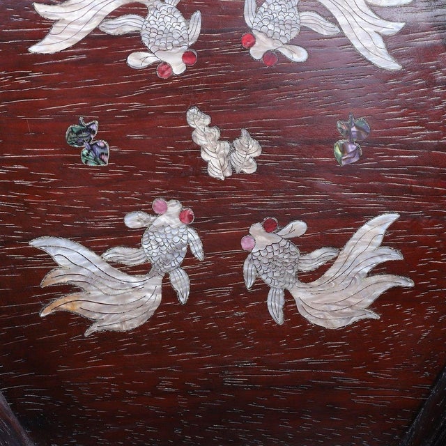 Brown Late 19th Century Hexagonal Wood Tray With Mother-of-Pearl Goldfish Inlay For Sale - Image 8 of 10