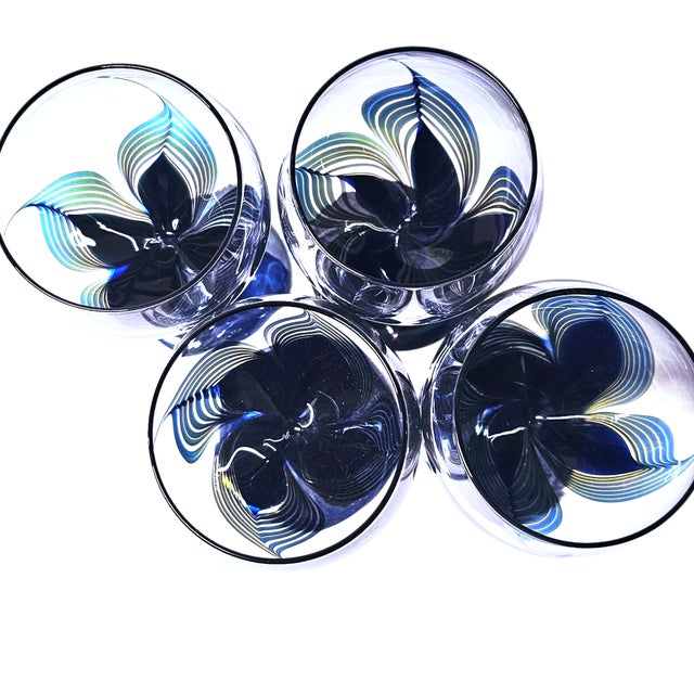 Randy Strong Signed Cobalt Blue Feather Floral Wine Goblets, Set of 4, 1980 For Sale - Image 17 of 18