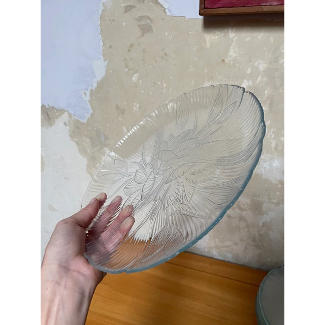 A set of 10 vintage etched glass dinner plates by the French company Arcoroc. Featuring a slightly raised, scalloped edge...