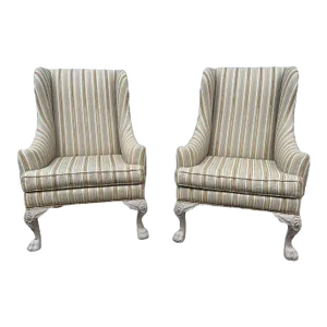 Late 20th Century Pair Georgian Style Carved Painted Feet Stripe Upholstered Wingback Armchairs Large Size
