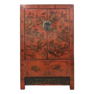 Antique Chinese Hand Painted Red Lacquered Wedding Armoire, Wardrobe For Sale