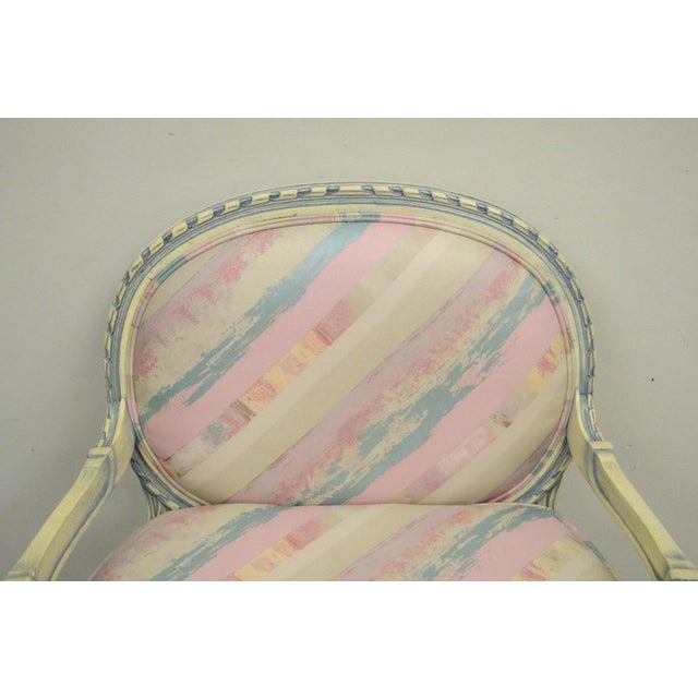 Vintage French Louis XVI Pink Blue Carved Bergere Boudoir Lounge Arm Chair For Sale - Image 10 of 12