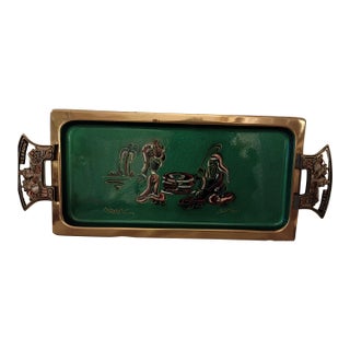 1960s Israeli Mid-Century Modern Enameled Brass Tray – Signed Israel/Hebron For Sale
