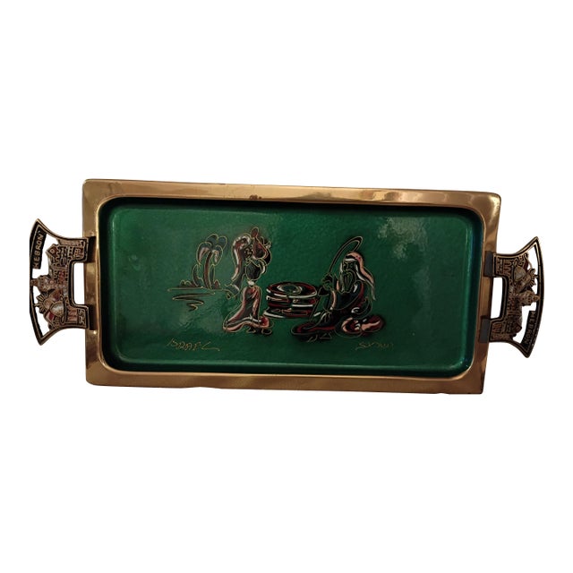 1960s Israeli Mid-Century Modern Enameled Brass Tray – Signed Israel/Hebron For Sale