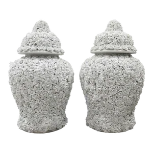 1940s Large Blanc De Chine Rose Encrusted Porcelain Vases With Covers - a Pair