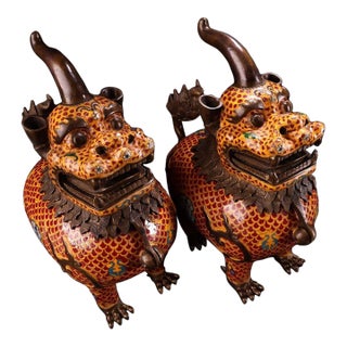 Late 20th Century Pair of Gilt Bronze Cloisonné Enamel Mythical Beast Incense Burners For Sale