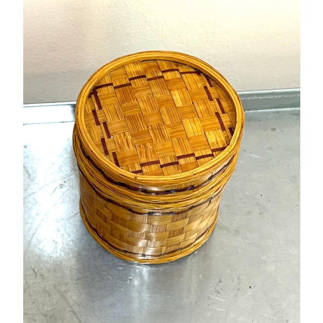 Mid-Century Modern Wicker Wrapped Enamel Metal Canister Jar For Sale - Image 3 of 5