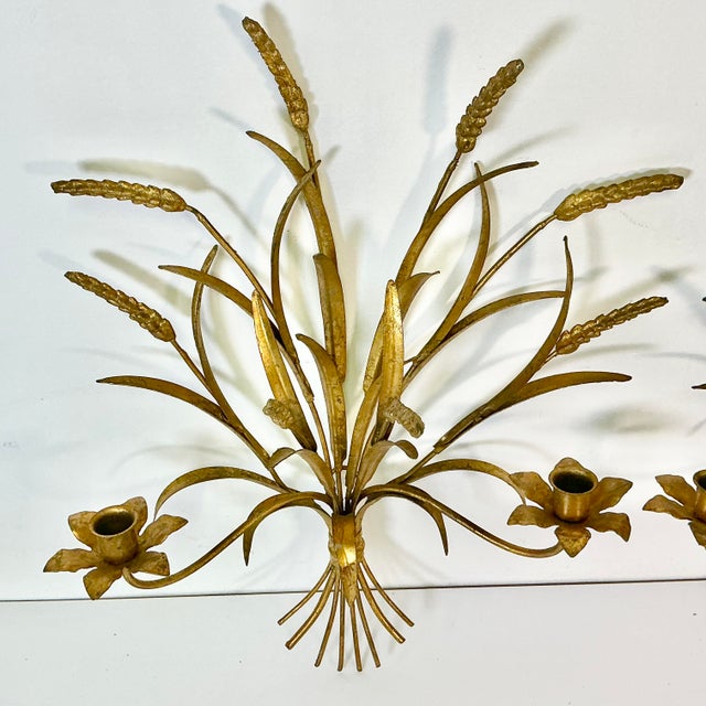 Metal 1950s Vintage Italian Hollywood Regency Wheat Sheaf Candle Holder Sconces - A Pair, 2 Arm For Sale - Image 7 of 17