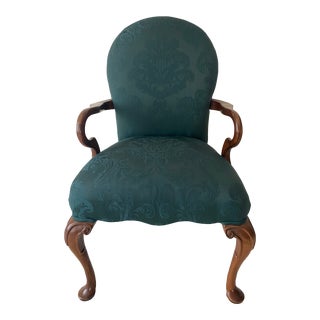 Late 20th Century Pennsylvania House Emerald Green Damask Style Upholstry and Carved Cherry Wood Dearborn Exquisitely Unique Chair Excellent Condition For Sale
