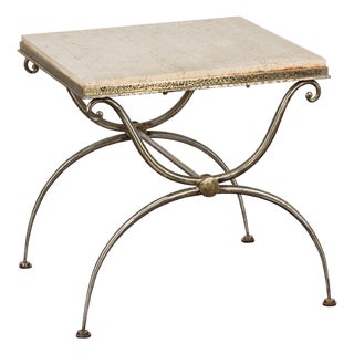 Midcentury French Steel Side Table with Marble Top and Scrolling Supports For Sale