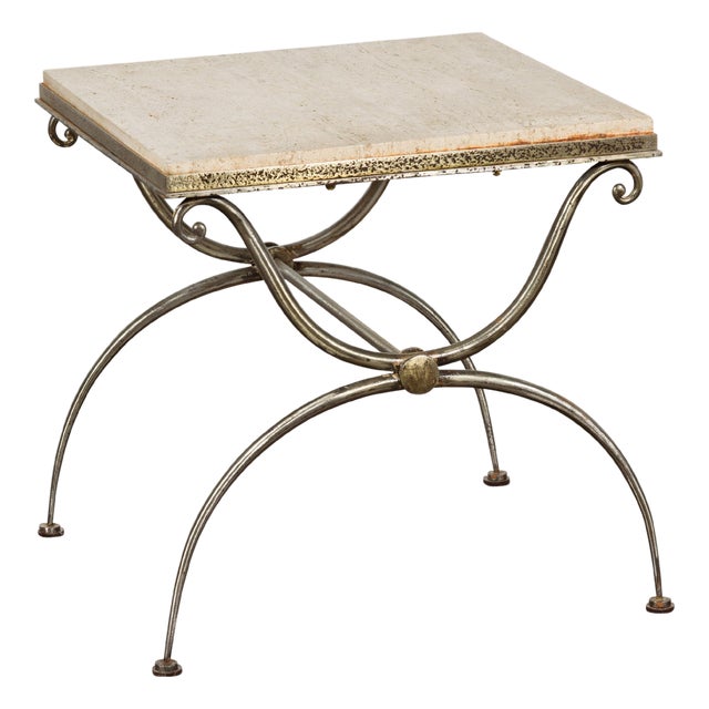 Midcentury French Steel Side Table with Marble Top and Scrolling Supports For Sale