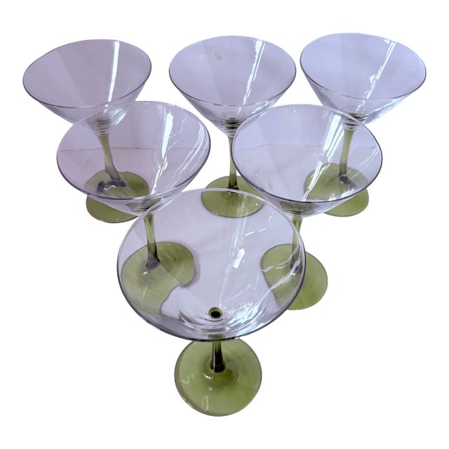 Vintage Mid-Century Modern Chartreuse Stem Green Martini Coupe Glasses - Set of 6 For Sale