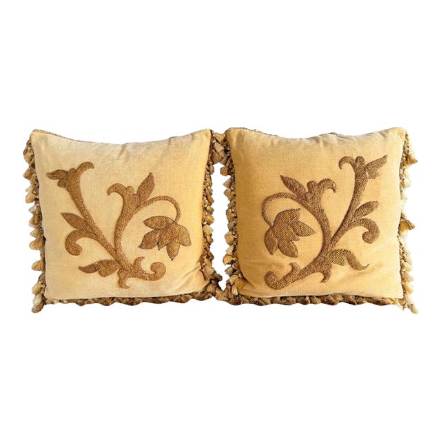 Pair of Golden Chenille Pillows W/ 19th Century Metallic Embroidered Appliqués For Sale