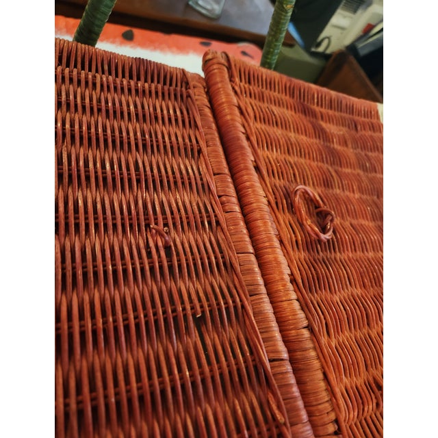 Ruby Red 1980s Vintage Boho Chic Watermelon Wicker Picnic Basket & Matching Tablecloth Set - 2 Pieces For Sale - Image 8 of 11