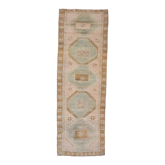 1970s Vintage Handmade Wool Cotton Turkish Beige Runner Rug For Sale