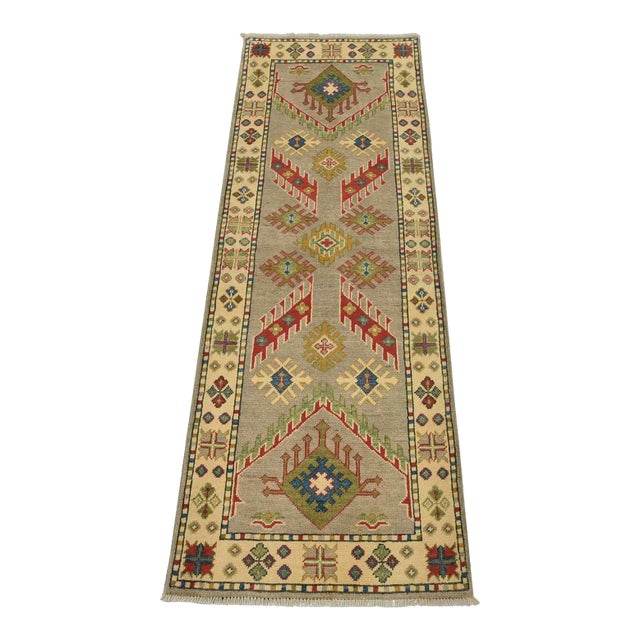 Kazak Runner 2’1” X 5’11” Gray Wool Tribal Hand-Knotted Oriental Rug For Sale