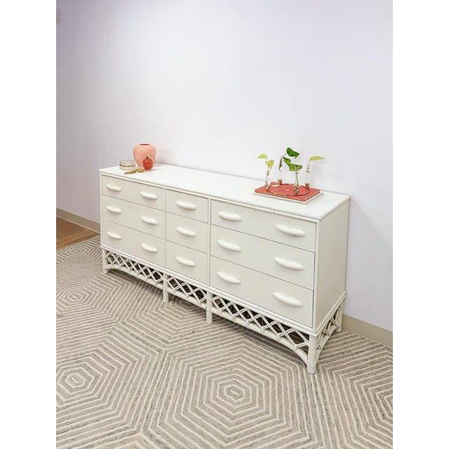 Vintage White Rattan 9-Drawer Dresser Old Florida Ficks Reed Style MCM Coastal For Sale - Image 10 of 14