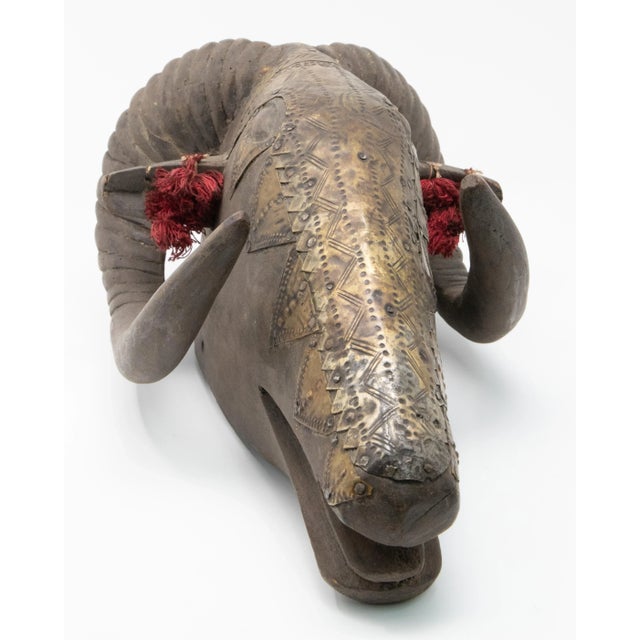 Folk Art Wood and Metal Plate Marka Ram Mask For Sale - Image 3 of 11