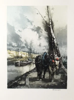 Ferdinand Jean Luigini, Cheveaux Tirant une Peniche (Horses pulling a Barge), Circa 1920