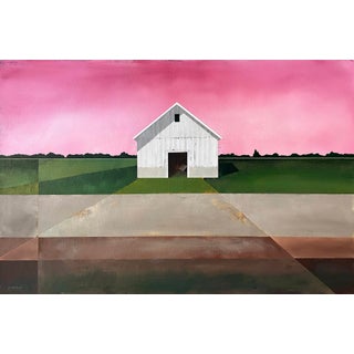 Alizarine Sky by Justin Wheatley | Acrylic on Canvas Barn Landscape With Pink Sky For Sale