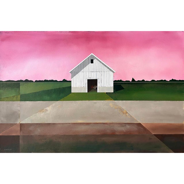 Alizarine Sky by Justin Wheatley | Acrylic on Canvas Barn Landscape With Pink Sky For Sale