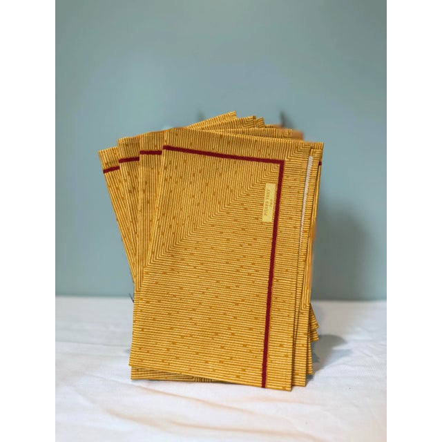 Textile Late 20th Century Set of 4 Pierre Frey Paris Designer Cloth Napkins - Mustard Gold Geometric With Red Border For Sale - Image 7 of 7