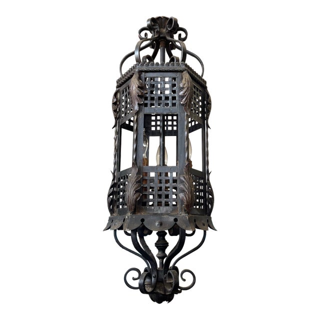 1920s Spanish Revival Wrought Iron Pendant Lantern For Sale