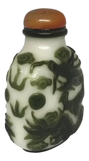 Antique Beijing Glass Snuff Bottle With Green Overlay of Dragons