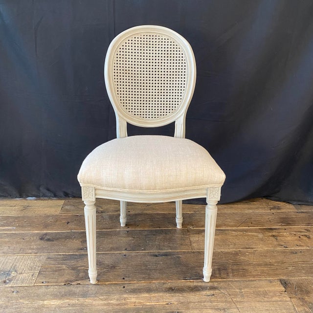 Mid 20th Century French Louis XVI Style Set of 4 Dining Chairs or Side Chairs With Caned Backs and New Upholstery For Sale - Image 4 of 12