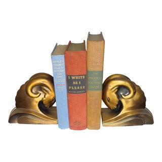 Art Deco Cast Metal and Bronze Cornell Foundry Rams Head Bookends- a Pair For Sale