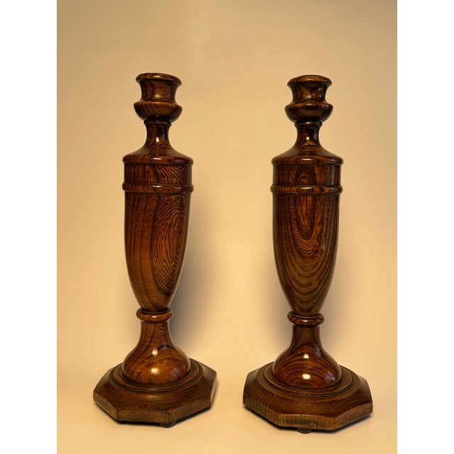 Early 20th Century A Pair of English Traditional Empire Solid Oak Wood Candlesticks For Sale - Image 5 of 12