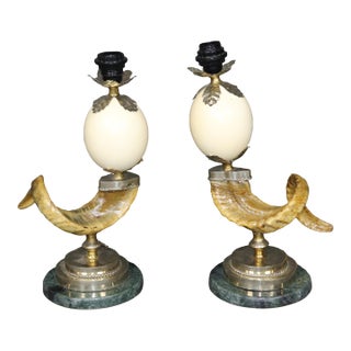 20th C. Pair Anthony Redmile Style Hollywood Regency Brass Mounted Horn Lamps For Sale