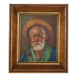 Man With Straw Hat and Pipe, Unknown Artist Oil on Canvas