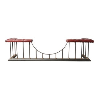 Chesterfield Leather and Iron Fireplace Club Fender With Tufted Burgundy Seating For Sale