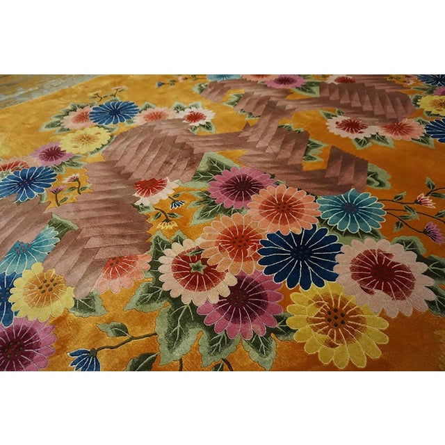 Fantabulous Yellow-Saffron Background With Multicolored Daisies in a Floral Design Art Deco Rug For Sale In New York - Image 6 of 10