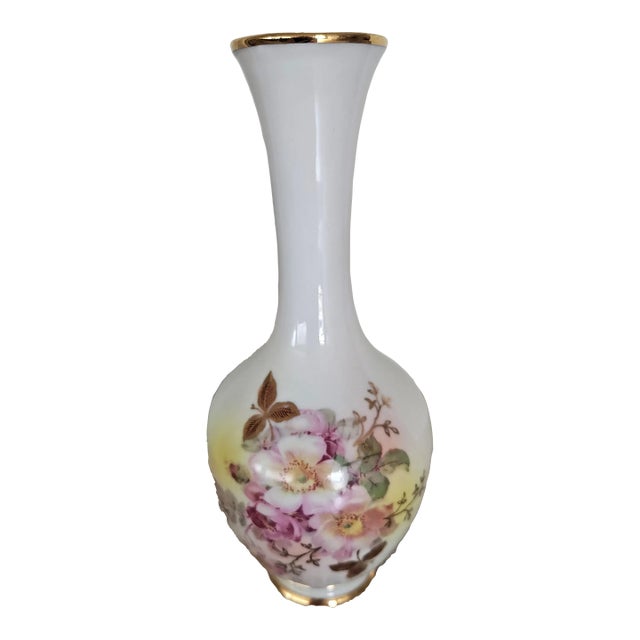 Vintage Schumann Arzberg Germany "Wild Rose" Gold Trimmed Bud Vase For Sale
