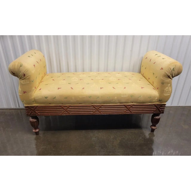 Late 1990’s traditional bench or settee carved of solid fruitwood with elegant upholstery having birds and bird houses....